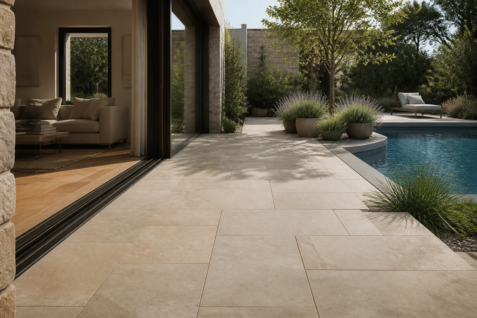 Outdoor-Fliesen auf einer Terrasse mit Pool
