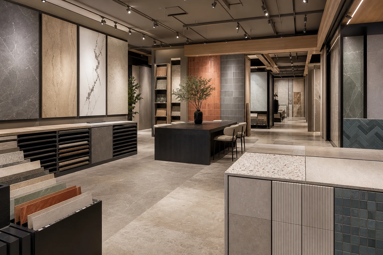 Professionelle Fliesenausstellung mit Großformaten, Naturstein-, Marmor-, Beton- und Mosaikoptiken