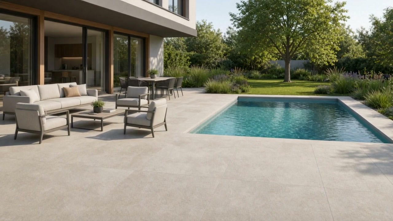 Sonnige Terrasse mit hellen Outdoor-Fliesen und Pool